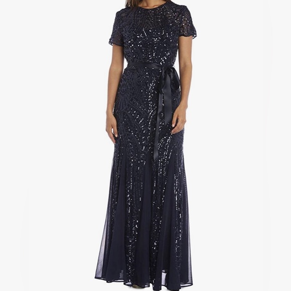 R&M Richards Navy Blue Sequin short sleeve Gown Dress size 14 - Picture 3 of 11